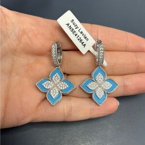 Suzy Levian Sterling Silver White CZ Turquoise Blue Flower Earrings NW